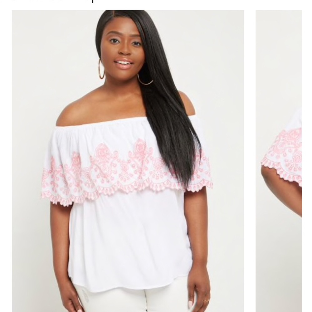 Pink and White Embroidered Off Shoulder Blouse